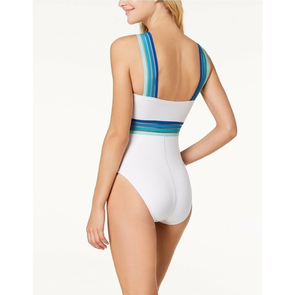 Kenneth Cole White One Piece with Blue Straps - Picture 2 of 2